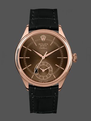 Rolex Cellini Dual Time 50525 Brown Guilloche Dial Black Leather Strap 39mm Mens Replica Watch