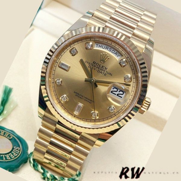 Rolex Day-Date 128238 Fluted Bezel Champagne Diamond Dial 36MM Unisex Replica Watch