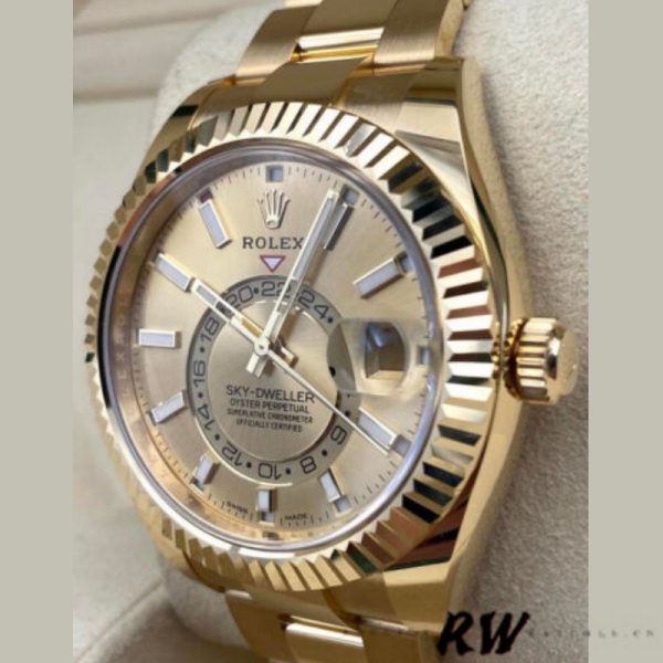 Rolex Sky-Dweller 326938 Yellow Gold Champagne Dial 42mm Mens Replica Watch