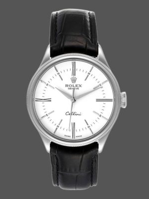 Rolex Cellini Time 50509 Black Leather Strap White Dial 39mm Mens Replica Watch
