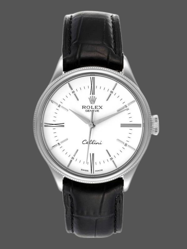 Rolex Cellini Time 50509 Black Leather Strap White Dial 39mm Mens Replica Watch
