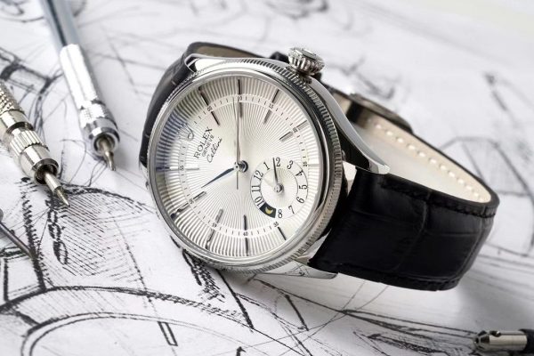 Rolex Cellini Dual Time 50529 Silver Sunburst Dial Brown Leather Strap 39mm Mens Replica Watch