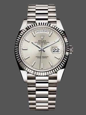 Rolex Day-Date 228239 Silver Stripe Motif Dial Fluted Bezel 40mm Mens Replica Watch