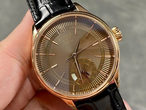 Rolex Cellini Dual Time 50525 Brown Guilloche Dial Black Leather Strap 39mm Mens Replica Watch