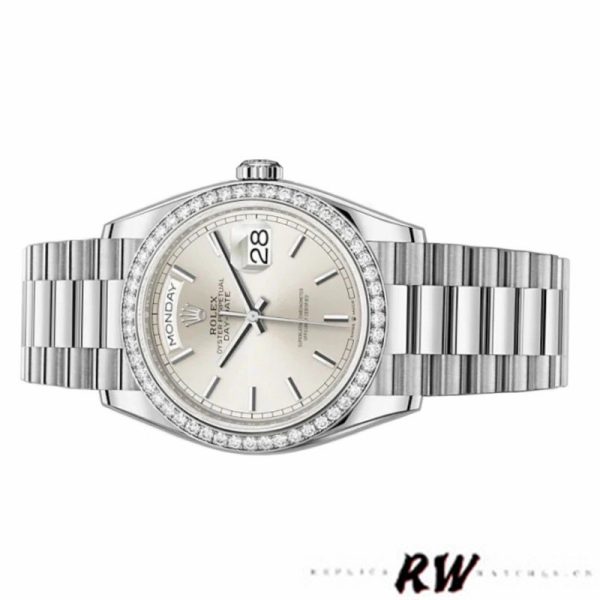 Rolex Day-Date 128349RBR Silver Index Dial Diamond Bezel 36MM Unisex Replica Watch