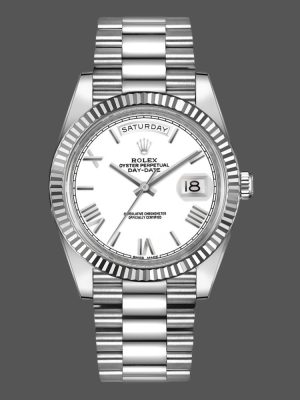Rolex Day-Date 228239 White Roman Dial Fluted Bezel 40mm Mens Replica Watch