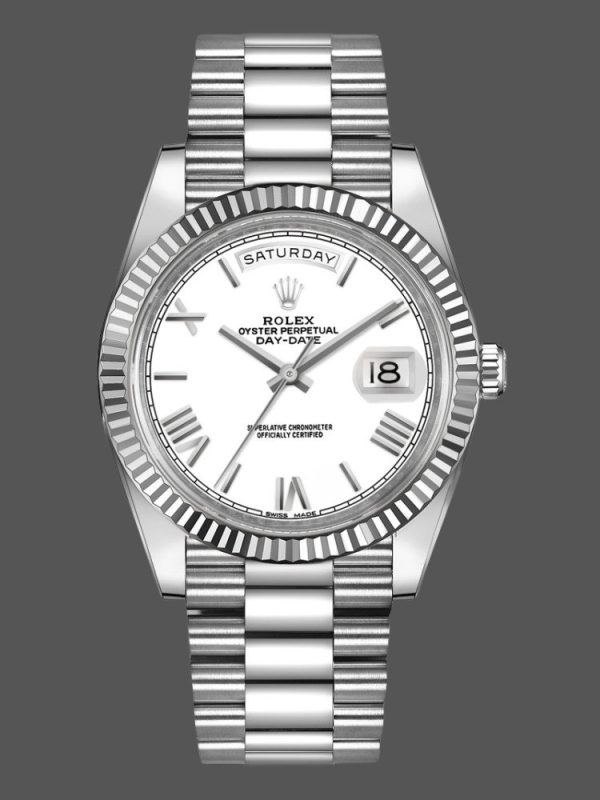 Rolex Day-Date 228239 White Roman Dial Fluted Bezel 40mm Mens Replica Watch