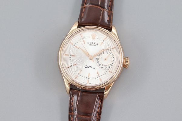 Rolex Cellini Date Rose Gold Silver Crocodile Leather Strap 50515 39mm Mens Replica Watch