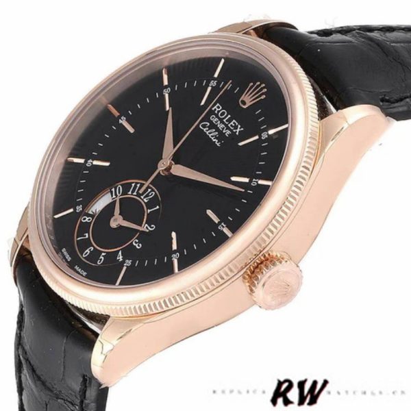 Rolex Cellini Dual Time 50525 Black Dial Black Leather Strap 39mm Mens Replica Watch
