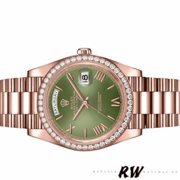 Rolex Day-Date 228345RBR Olive Green Roman Dial Diamond Bezel 40mm Mens Replica Watch