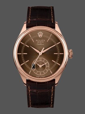 Rolex Cellini Dual Time 50525 Brown Guilloche Dial Brown Leather Strap 39mm Mens Replica Watch