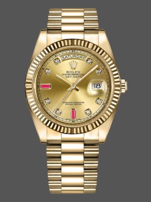 Rolex Day-Date 218238 Champagne Ruby Dial Yellow Gold 41MM Mens Replica Watch