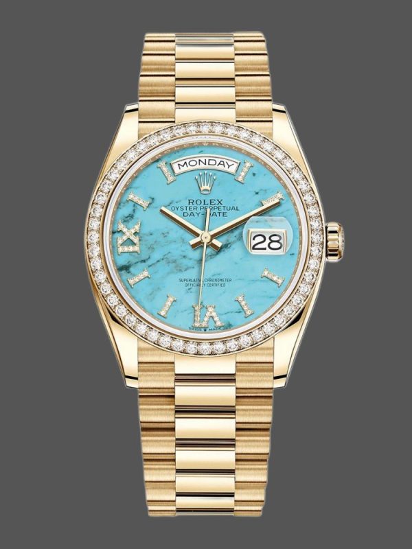 Rolex Day-Date 128348RBR Turquoise Diamond Dial Yellow Gold 36MM Unisex Replica Watch