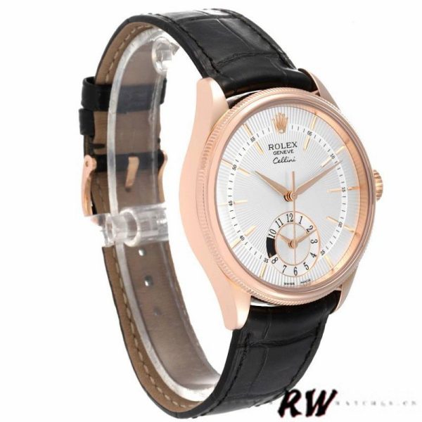 Rolex Cellini Dual Time 50525 Silver Dial Black Leather Strap 39mm Mens Replica Watch