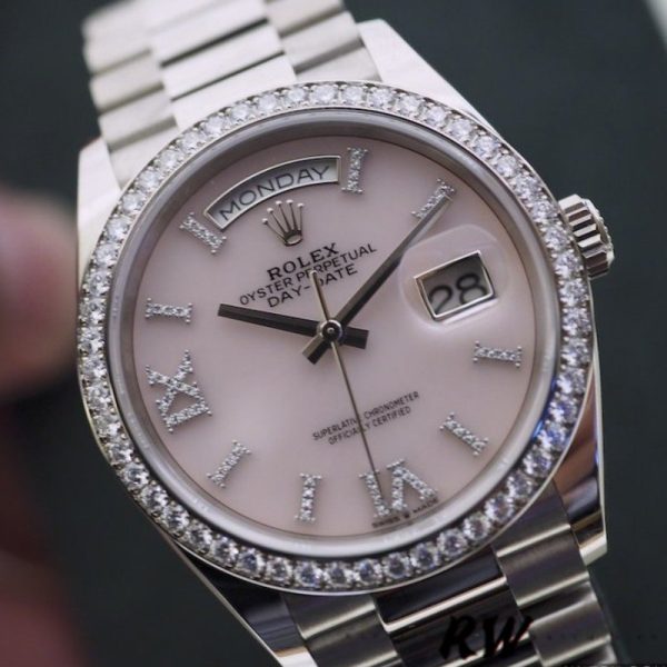 Rolex Day-Date 128349RBR Pink Opal Dial Diamond Bezel 36MM Unisex Replica Watch