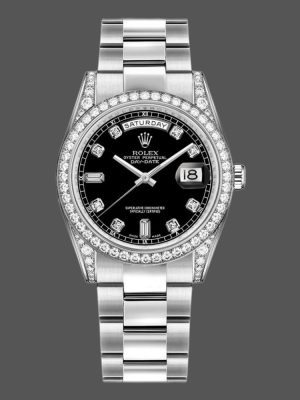 Rolex Day-Date 118389 Diamond Bezel Black Diamond Dial 36MM Unisex Replica Watch