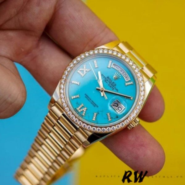 Rolex Day-Date 128348RBR Turquoise Diamond Dial Yellow Gold 36MM Unisex Replica Watch