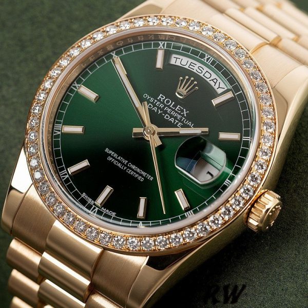 Rolex Day Date 118348 Green Index Dial Yellow Gold 36mm Unisex Replica Watch