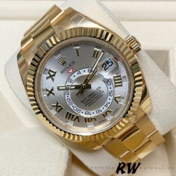 Rolex Sky-Dweller 326938 Yellow Gold Silver Dial 42mm Mens Replica Watch