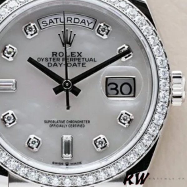 Rolex Day-Date 128349RBR White Mother of Pearl Dial Diamond Bezel 36MM Unisex Replica Watch