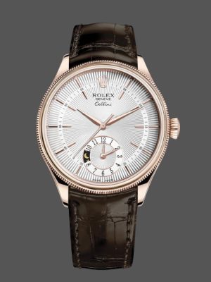 Rolex Cellini Dual Time 50525 Silver Dial Brown Leather Strap 39mm Mens Replica Watch