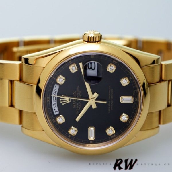 Rolex Day-Date 118208 Black Diamond Dial Yellow Gold 36mm Unisex Replica Watch