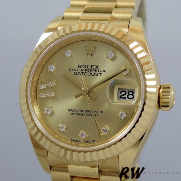 Rolex Datejust 279178 Champagne Diamond Dial Fluted Bezel 28mm Lady Replica Watch