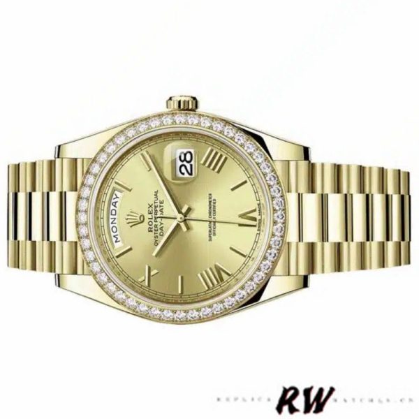 Rolex Day-Date 228398TBR Champagne Roman Numeral Dial Diamond Bezel 40mm Mens Replica Watch