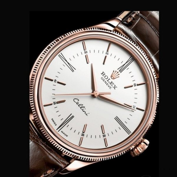 Rolex Cellini Time 50505 Brown Leather Strap White Dial 39mm Mens Replica Watch