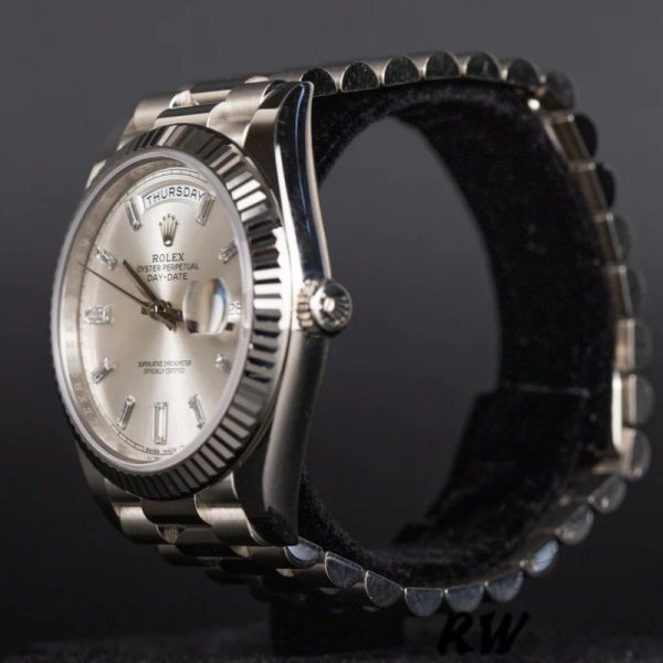 Rolex Day-Date 228239 Silver Baguette Diamond Dial Fluted Bezel 40mm Mens Replica Watch