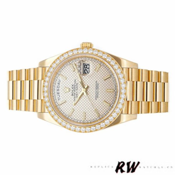 Rolex Day-Date 228348RBR Silver Diagonal Motif Dial Diamond Bezel 40mm Mens Replica Watch