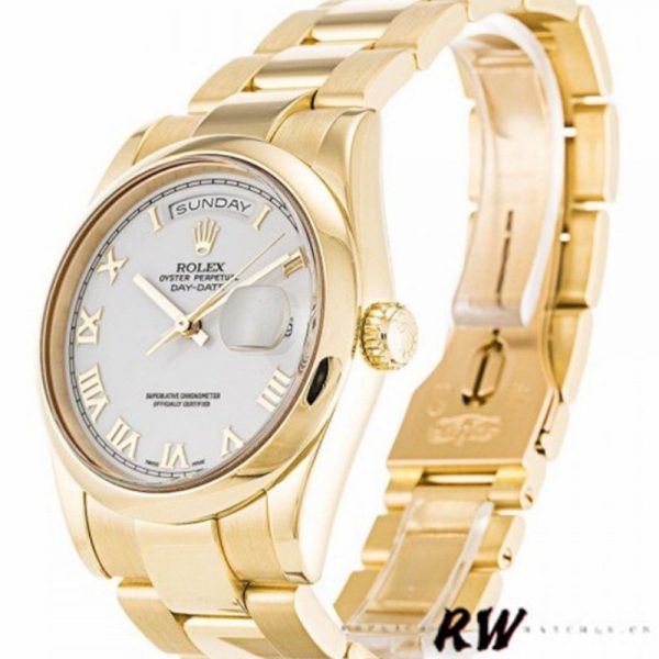 Rolex Day-Date 118208 Yellow Gold White Dial Roman Numeral 36mm Unisex Replica Watch