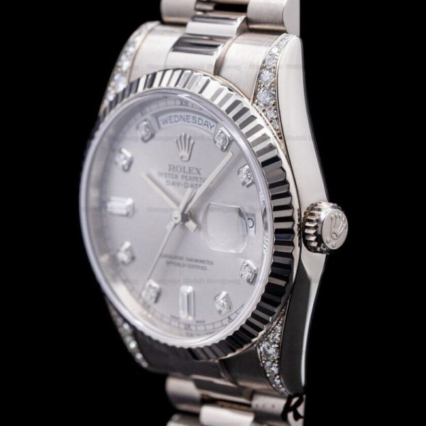 Rolex Day Date 118339 White Gold Silver Dial Fluted Bezel 36mm Unisex Replica Watch