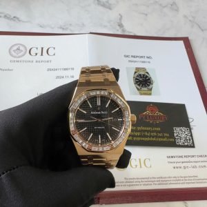 Audemars Piguet Royal Oak 15400OR Black Dial Custom Baguette Moissanite Bezel 18K Gold Wrapped 1:1 Best Replica 41mm