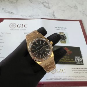 Audemars Piguet Royal Oak 15400OR Black Dial Custom Baguette Moissanite Bezel 18K Gold Wrapped 1:1 Best Replica 41mm