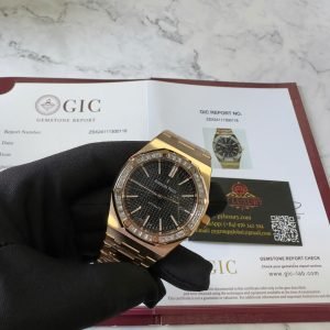 Audemars Piguet Royal Oak 15400OR Black Dial Custom Baguette Moissanite Bezel 18K Gold Wrapped 1:1 Best Replica 41mm