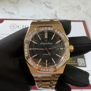 Audemars Piguet Royal Oak 15400OR Black Dial Custom Baguette Moissanite Bezel 18K Gold Wrapped 1:1 Best Replica 41mm