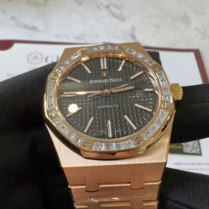 Audemars Piguet Royal Oak 15400OR Black Dial Custom Baguette Moissanite Bezel 18K Gold Wrapped 1:1 Best Replica 41mm