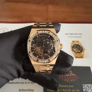 Audemars Piguet Royal Oak 15412OR Open Work Skeleton 18K Rose Gold Wrapped Baguette Moissanite Bezel Clone 1:1 Best Replica 41mm