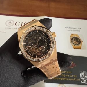 Audemars Piguet Royal Oak 15412OR Open Work Skeleton 18K Rose Gold Wrapped Baguette Moissanite Bezel Clone 1:1 Best Replica 41mm