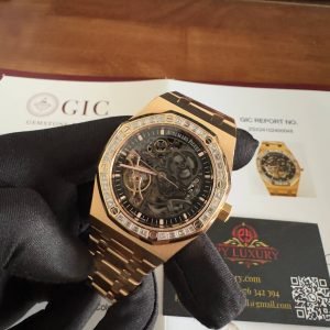 Audemars Piguet Royal Oak 15412OR Open Work Skeleton 18K Rose Gold Wrapped Baguette Moissanite Bezel Clone 1:1 Best Replica 41mm