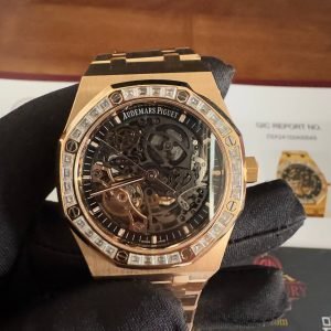 Audemars Piguet Royal Oak 15412OR Open Work Skeleton 18K Rose Gold Wrapped Baguette Moissanite Bezel Clone 1:1 Best Replica 41mm