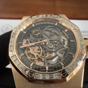 Audemars Piguet Royal Oak 15412OR Open Work Skeleton 18K Rose Gold Wrapped Baguette Moissanite Bezel Clone 1:1 Best Replica 41mm