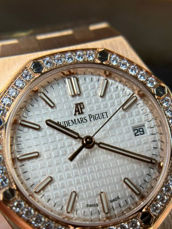 Audemars Piguet Royal Oak 77351OR Rose Gold White Dial Diamond Bezel Replica 34m