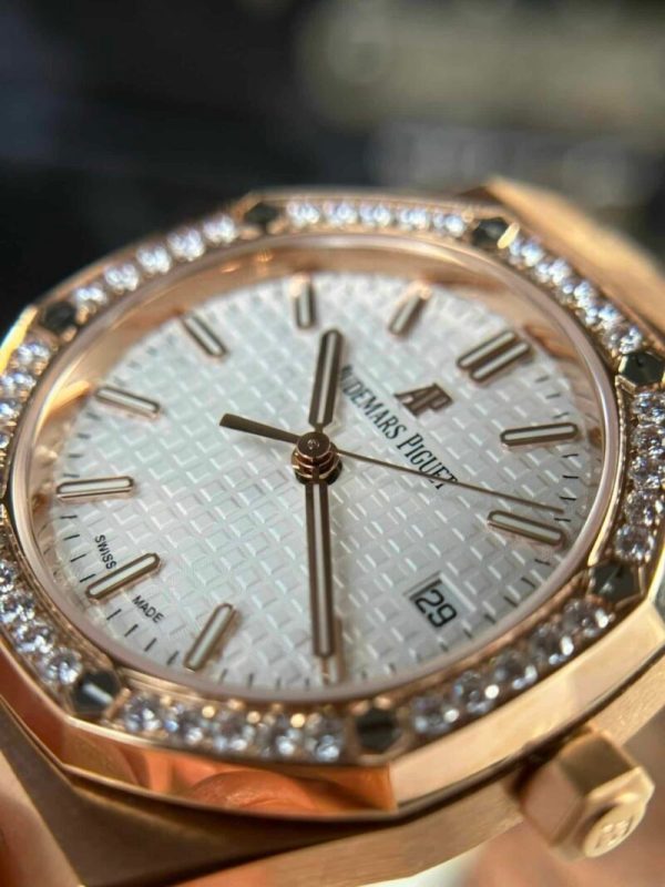 Audemars Piguet Royal Oak 77351OR Rose Gold White Dial Diamond Bezel Replica 34m