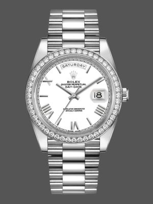 Rolex Day-Date 228349RBR White Roman Dial Diamond Bezel 40mm Mens Replica Watch