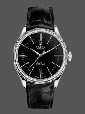 Rolex Cellini Time 50509 Black Leather Strap Black Dial 39mm Mens Replica Watch