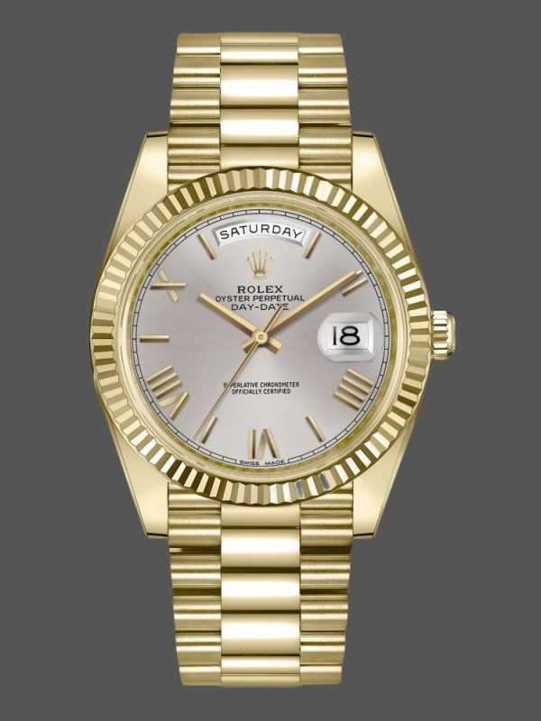 Rolex Day-Date 228238 Silver Roman Dial Fluted Bezel 40mm Mens Replica Watch