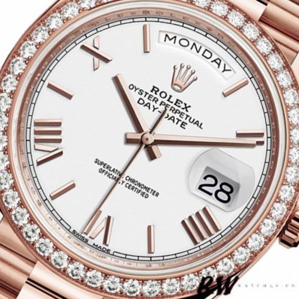 Rolex Day-Date 228345RBR White Roman Dial Diamond Bezel 40mm Mens Replica Watch
