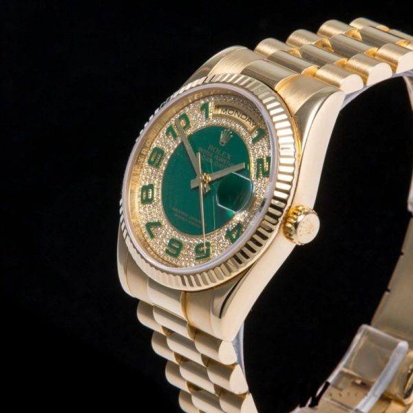 Rolex Day-Date 118238 Yellow Gold Green Diamond Pave Dial 36mm Unisex Replica Watch